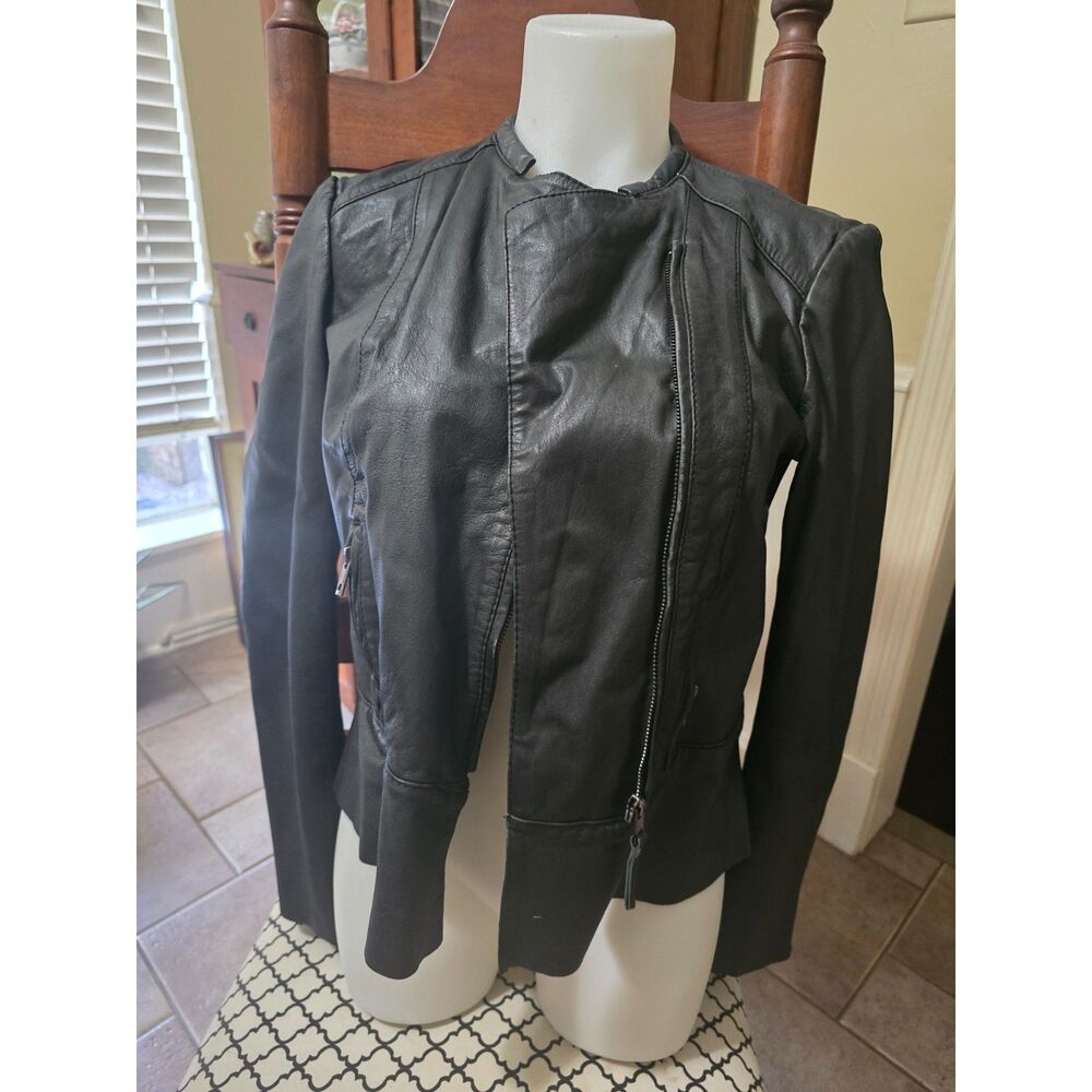 Zara Lambskin Leather Asymmetrical Peplum Moto Jacket Black WM SZ L Biker
